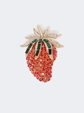 Max Mara Strawberry Crystal Brooch - Red and Green Sparkle